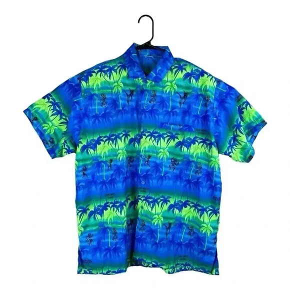Rima Beachwear Aruba Hawaiian Shirt Mens Large Button Up Palm Trees Blue Yellow - Picture 1 of 11